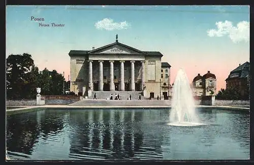 AK Posen / Poznan, Neues Theater und Springbrunnen