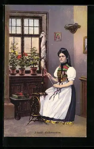 AK Frau am Spinnrad in schwäbischer Volkstracht