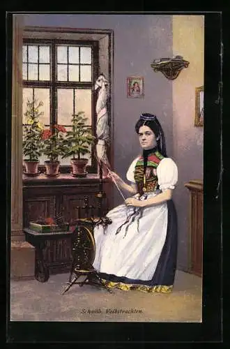 AK Frau am Spinnrad in schwäbischer Volkstracht
