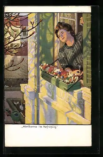 Künstler-AK G. Hirth`s Verlag, Serie: XVI, 1., Frau am Fenster mit Blumenkasten