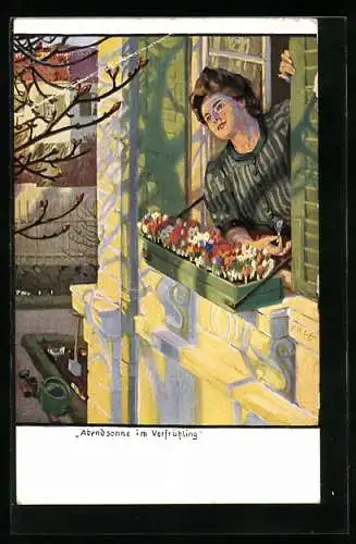 Künstler-AK G. Hirth`s Verlag, Serie: XVI, 1., Frau am Fenster mit Blumenkasten