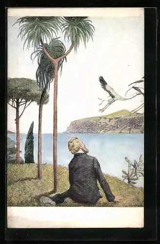 Künstler-AK G. Hirth`s Verlag, Serie: Mann beobachtet Störche