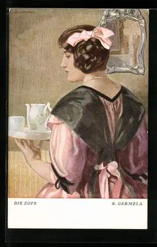 Künstler-AK G. Hirth`s Verlag, Serie: Die Zofe serviert Tee