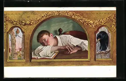 Künstler-AK G. Hirth`s Verlag, Serie: XI, 6., Junge mit weissem Hemd liegt auf einem Buch