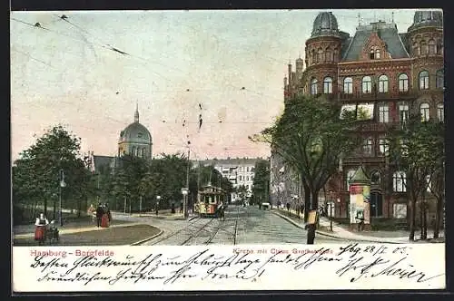 AK Hamburg-Borgfelde, Kirche mit Claus Grothestrasse, Strassenbahn