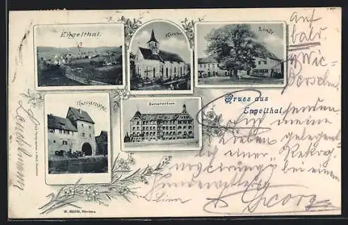 AK Engelthal / Mfr., Ortsansicht, Kirche, Linde, Sanatorium, Thorgruppe
