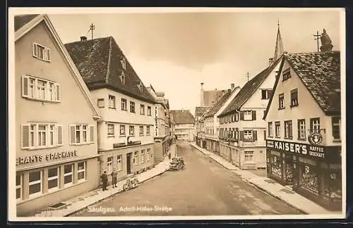 AK Saulgau, Strasse mit Sparkasse und Kaiser's