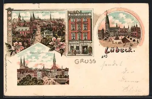 Lithographie Lübeck, Hotel Stadt Oldesloe, Marktplatz, Ortsansicht