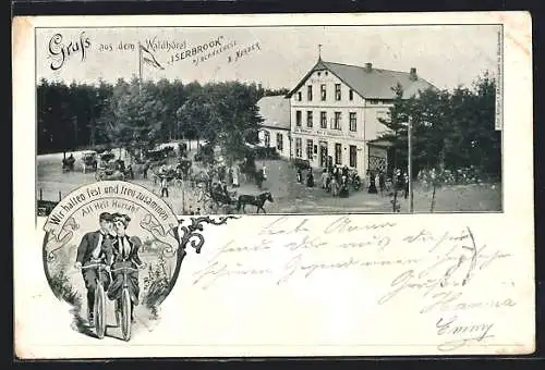 AK Hamburg-Blankenese, Gasthaus Waldrestaurant Iserbrook mit Gästen und Kutschen, Radfahrendes Paar