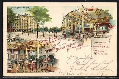 Lithographie Hamburg-St.Georg, Hotel Berliner Hof, Steintorwall 1, Inneres der Restaurants