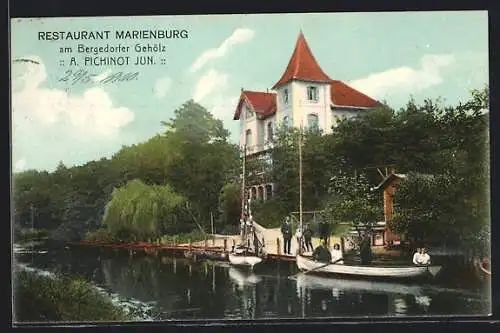 AK Hamburg-Bergedorf, Das Restaurant Marienburg am Bergedorfer Gehölz, Inh. A. Pichinot jun., mit eigener Anlegestelle