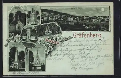 Mondschein-Lithographie Gräfenberg, König Carol-Quelle, Genie-Quelle, Ungarisches Denkmal
