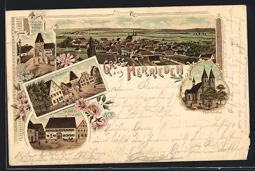 Lithographie Herrieden, Blick zum Ort, Pfarrkirche, Gasthof zum Hirschen, Südl. Marktplatz, Unteres Tor