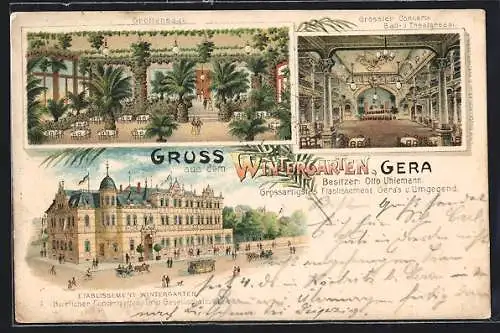 Lithographie Gera, Gasthaus Wintergarten mit Ball- und Theatersaal