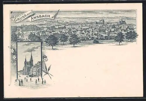 Lithographie Ansbach / Mfr, Strassenpartie mit denkmal und Kirche, Ortsansicht