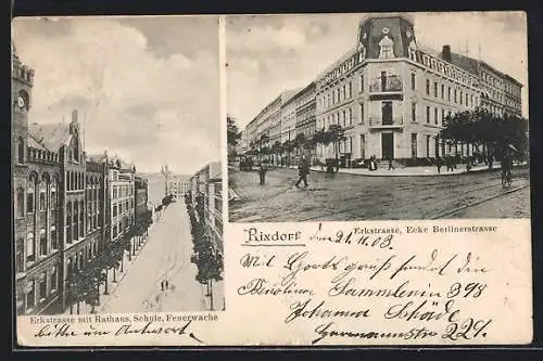 AK Rixdorf-Neukölln, Erkstrasse Ecke Berlinerstrasse, Feuerwache, Rathaus und Schule