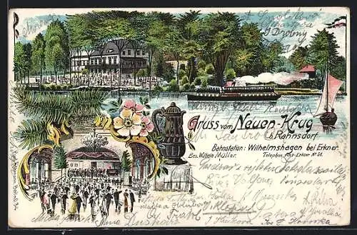 Lithographie Berlin-Rahnsdorf, Gasthaus Neuer Krug mit Dampfer, Innenansicht
