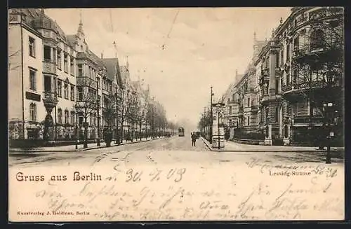 AK Berlin-Tiergarten, Litfasssäule und Strassenbahn in der Lessingstrasse, Hansaviertel