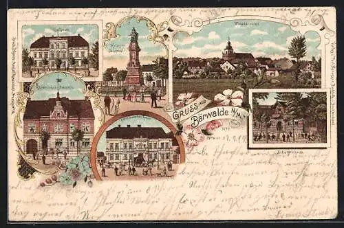 Lithographie Bärwalde n. M., Gasthaus Schützenhaus, Hotel Deutsches Haus, Kaiserliches Postamt