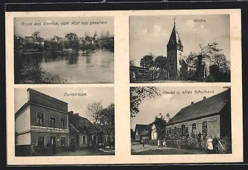 AK Warnick, Dorfstrasse mit Colonialwarenhandlung Ernst Thimenn, Neues u. altes Schulhaus, Kirche