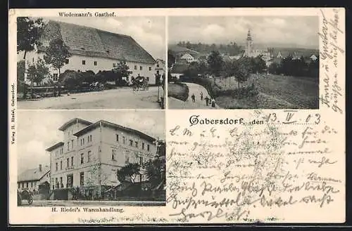 AK Gabersdorf, Wiedemanns Gasthof, H. Riedel`s Warenhandlung, Ortsansicht