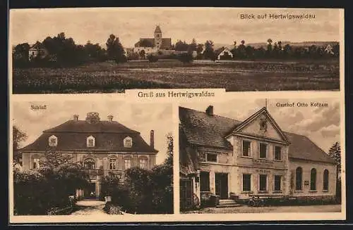 AK Hertwigswaldau, Gasthof Otto Kotzam, Schloss, Ortsansicht
