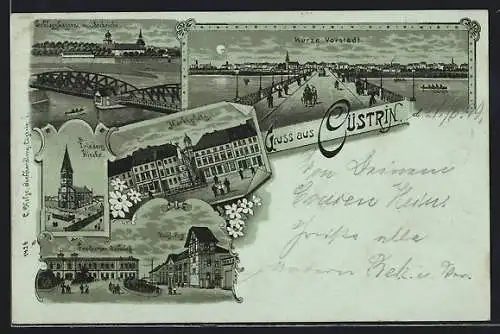 Mondschein-Lithographie Cüstrin, Freiburger Bahnhof, Schlosskaserne mit Oderbrücke, Marktplatz