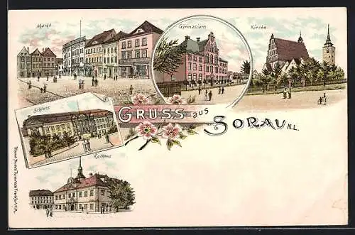 Lithographie Sorau /N. L., Strassenpartie am Markt, Schloss, Rathaus