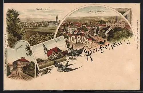 Lithographie Reichenau i.Sa., Postamt, Ortspartie