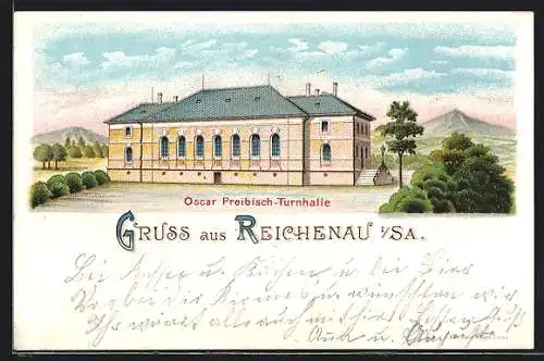 Lithographie Reichenau i/SA., 17. Gauturnfest 1899, Oscar Preibisch-Turnhalle