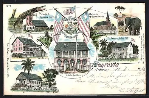 Lithographie Monrovia, Representative Hall, Presidents Official Residence, Baptist Church, ELephanten und Krokodil