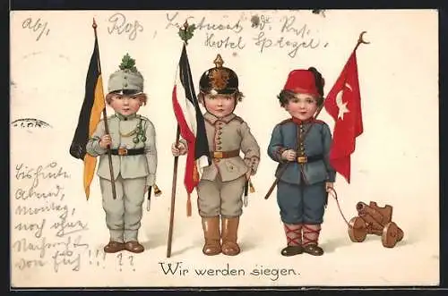 AK Wir werden siegen, Kindersoldaten mit Fahnen, Reichsflagge, Österreich & der Türkei