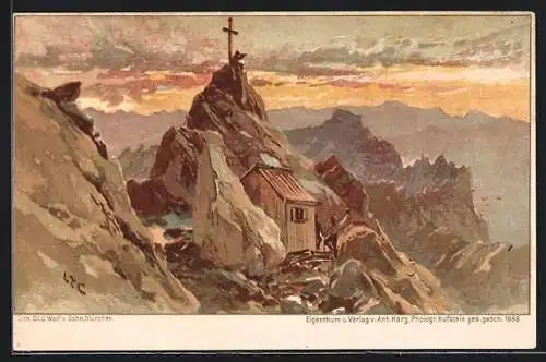 Künstler-AK Edward Theodore Compton: Berghütte und Gipfelkreuz, abendlicher Blick aufs Gebirge