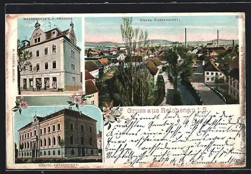 AK Reichenau i. S., Warenhaus E. E. Wünsche, Königl. Amtsgericht, Obere Dorfansicht