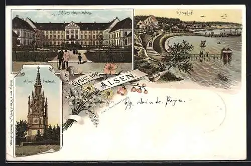 Lithographie Alsen, Schloss Augustenburg, Alsen-Denkmal, Höruphaff