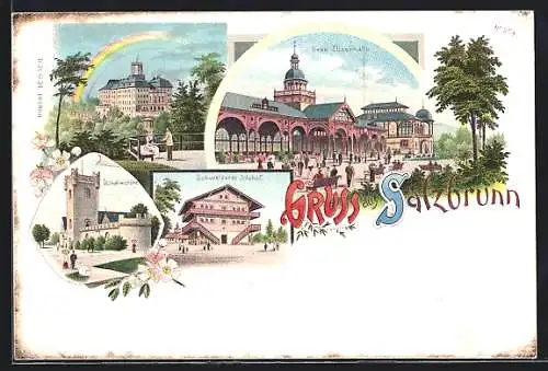 Lithographie Bad Salzbrunn, Gasthaus Schweizer Idahof, Schloss Fürstenstein, Neue Elisenhalle
