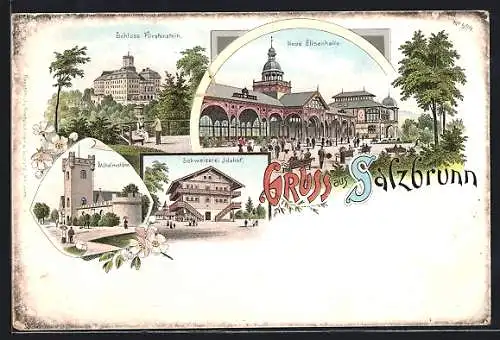 Lithographie Bad Salzbrunn, Gasthaus Schweizer Idahof, Schloss Fürstenstein, Neue Elisenhalle