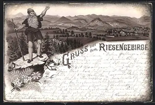 Vorläufer-Lithographie Riesengebirge, 1895, Blick auf das Gebirge, grüssender Berggeist Rübezahl