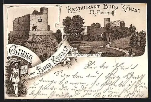 Vorläufer-Lithographie Hermsdorf, 1895, Restaurant Burg Kynast von M. Bischoff, Ruine der Burg