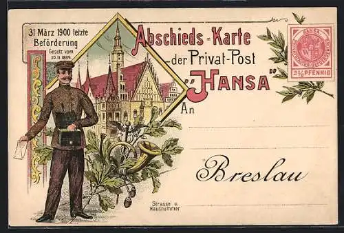 Lithographie Breslau, Abschiedskarte der Privat-Post Hansa, Briefträger, Rathaus
