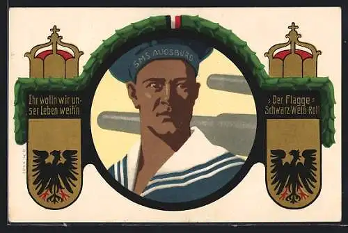 Künstler-AK W.I. unsign.: Matrose des Kriegsschiffes SMS Augsburg, Kanonen, Wappen