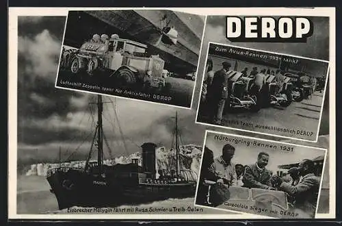 AK Derop-Reklame, Eisbrecher Malygin, Caracciola beim Nürburgring-Rennen 1931, Zeppelin tankt Derop, Avus-Rennen 1931