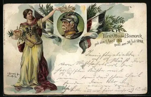 Lithographie Fürst Otto von Bismarck, geb. 1.4.1815, gest. 30.7.1898, Deutsche Fahne