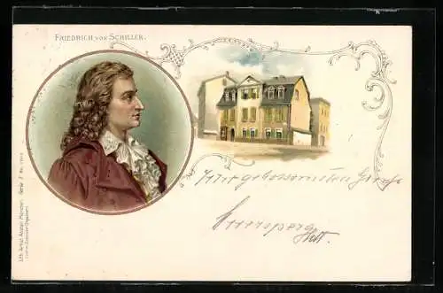 Lithographie Marbach, Friedrich Schiller, Geburtshaus