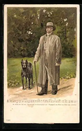 Lithographie Fürst Otto von Bismarck mit einem Hund im Park