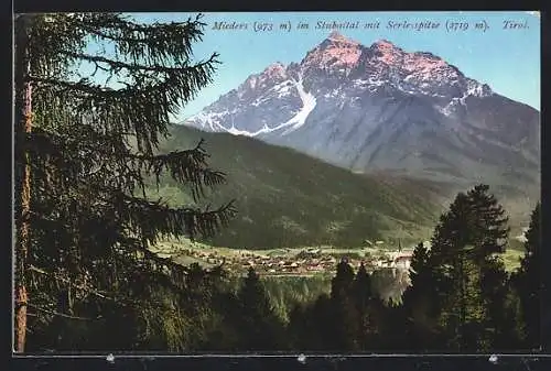 AK Mieders im Stubaital /Tirol, Blick zum Ort mit Serlesspitze