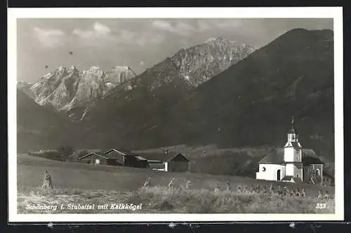 AK Schönberg im Stubaital, Ortsansicht mit Kalkkögel