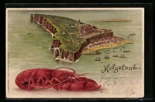 Künstler-AK Helgoland, Blick auf die gesamte Insel und die Stadt, ein Lobster