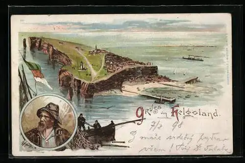 Lithographie Helgoland, Ortsansicht, Fischer mit Hut