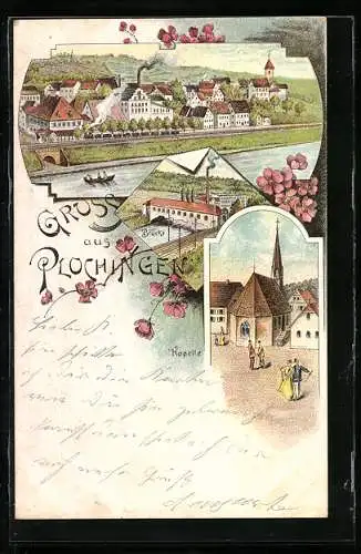 Lithographie Plochingen, Brücke, Kirche, Teilansicht mit Bahndamm
